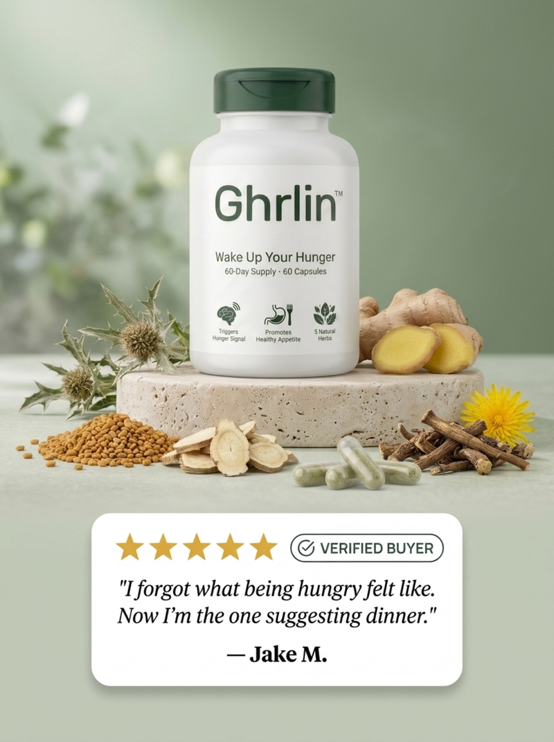 Ghrlin natural appetite support supplement — bottle with fenugreek seeds, ginger, dandelion and bitter herbs
